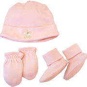 Organic Hat Set with Scratch Mittens & Booties Pink - 