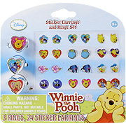 Winnie The Pooh Sticker Earrings & Ring Set - 